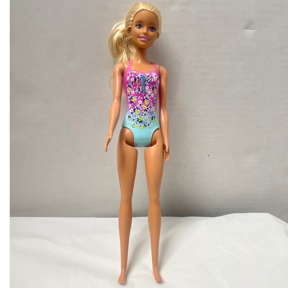 Mattel Barbie Doll 2019 Molded Pink Floral Swimsuit Blonde Hair Blue Eyes 11.5in